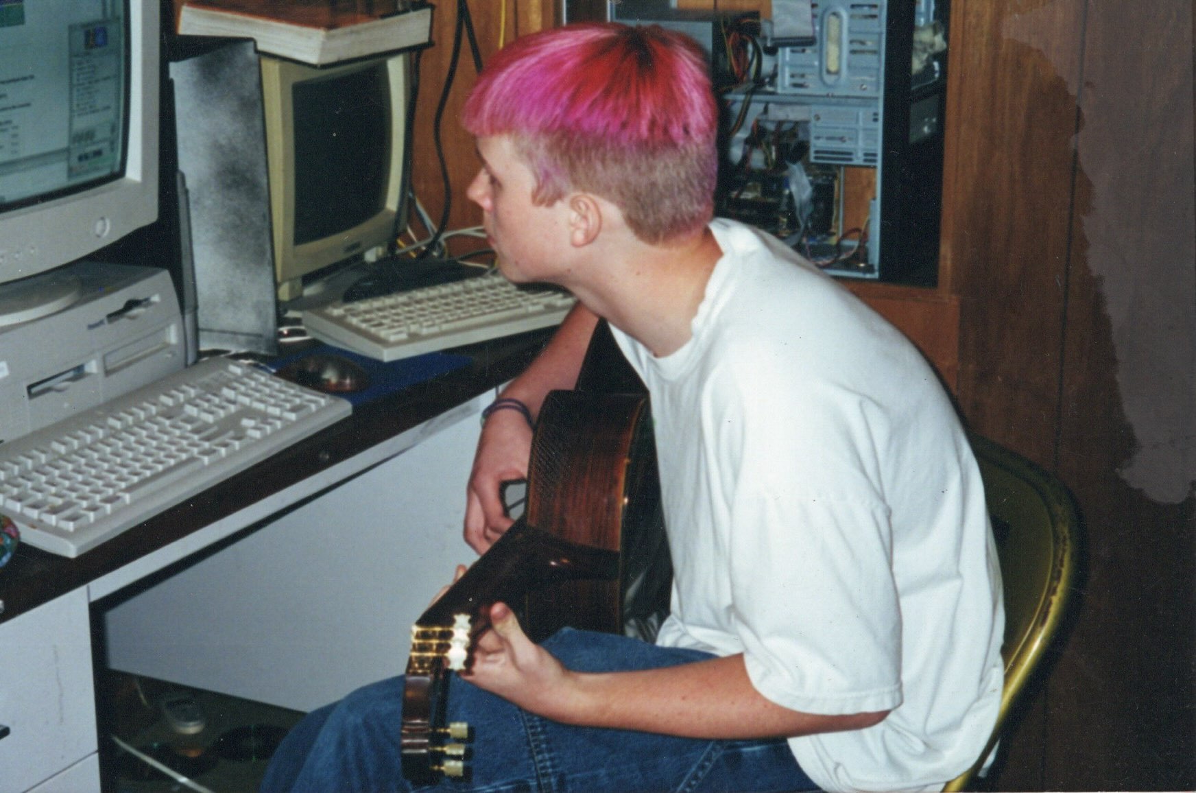 Cassidy Barton in 1997, pink hair, guitar, CRT computer